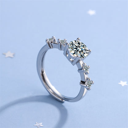 Cubic Zirconia and Silver-Plated Five-Stone Adjustable Cocktail Ring, silver statement rings for women, detail close-up