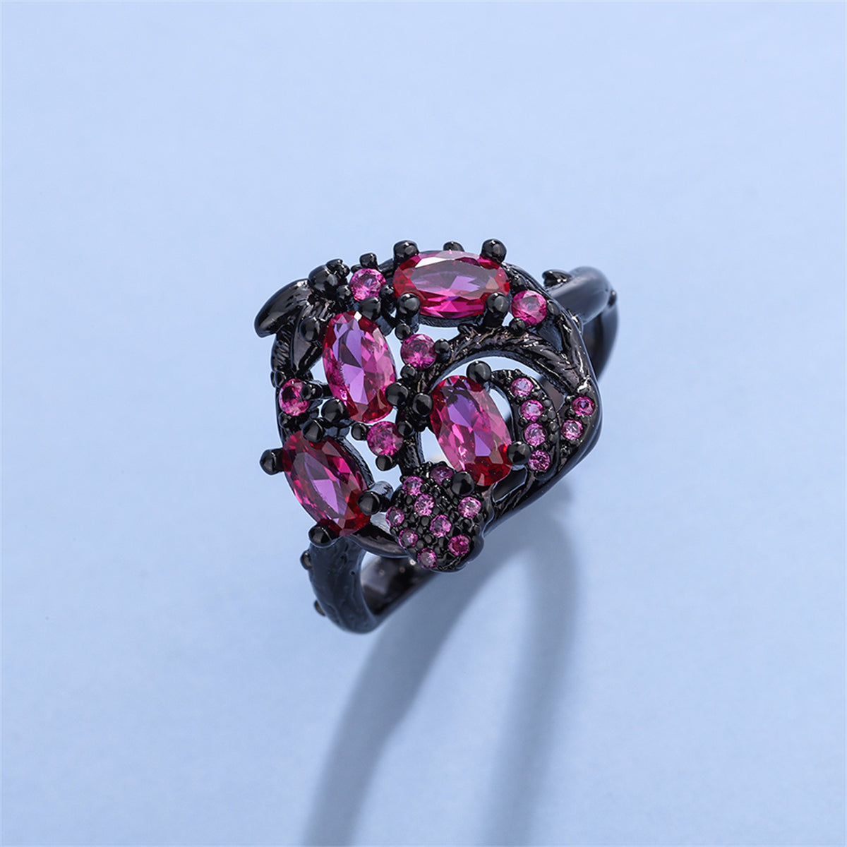 Violet Crystal and Violet Cubic Zirconia Cluster Adjustable Ring, statement rings for women, botanical inspired, front view