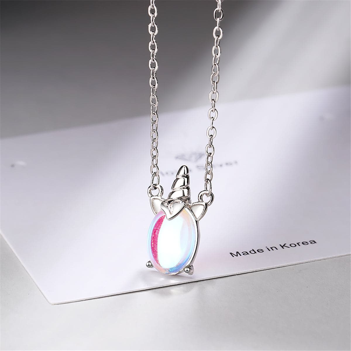 Moonstone & Enamel Silver-Plated Rainbow Unicorn Pendant Necklace