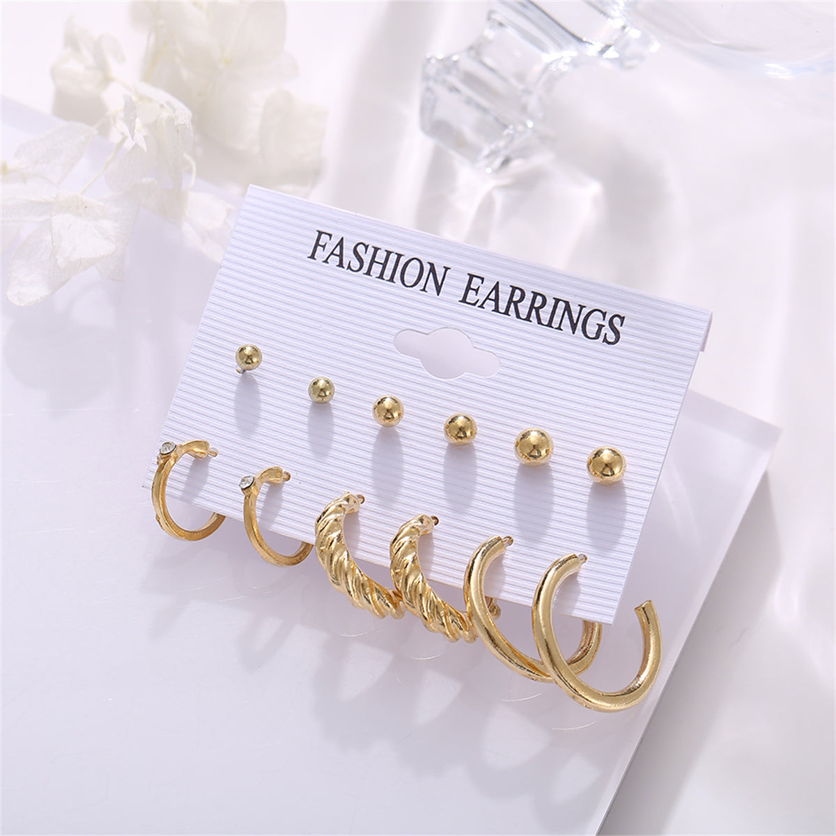 Cubic Zirconia and 18K Gold-Plated Twist Earrings Set, gold stud earrings for women, elegant gift for her, detail close-up