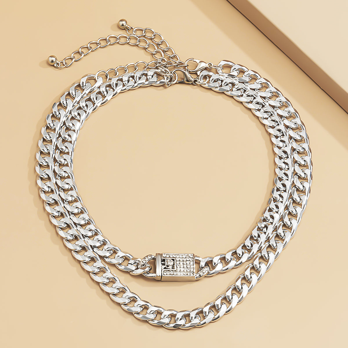 Cubic Zirconia and Silver-Plated Figaro Lock Chain Necklace Set, jewelry gift sets for women, detail close-up