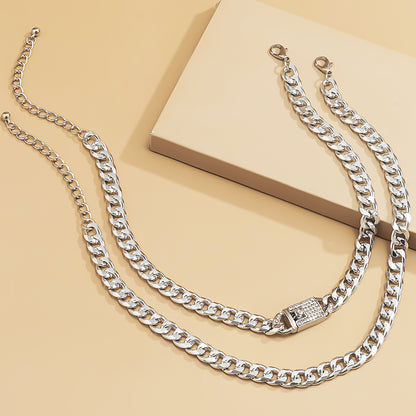 Cubic Zirconia and Silver-Plated Figaro Lock Chain Necklace Set, jewelry gift sets for women, lifestyle look