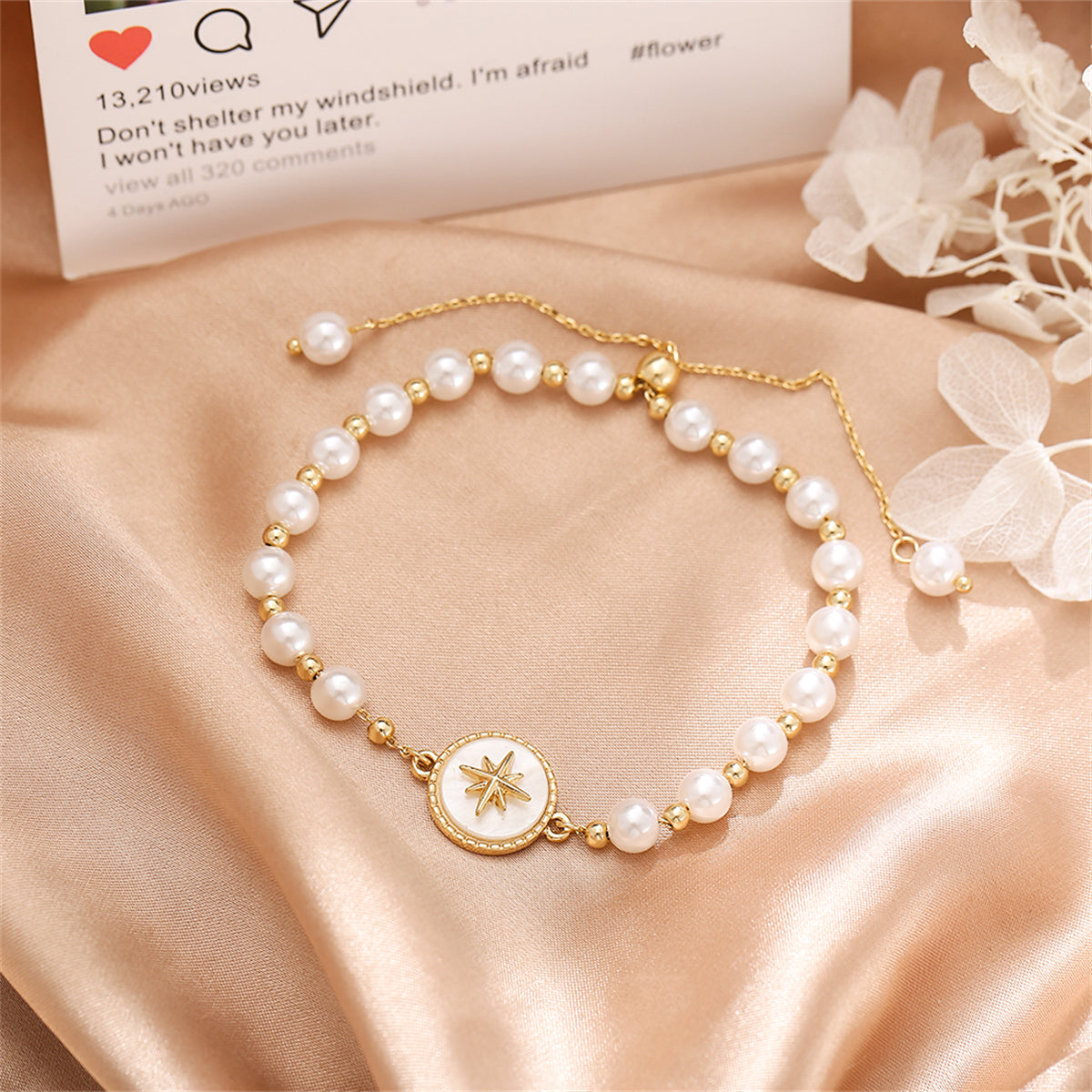 Pearl and Shell 18K Gold-Plated Star Charm Adjustable Bracelet, gold bracelet for women, detail close-up