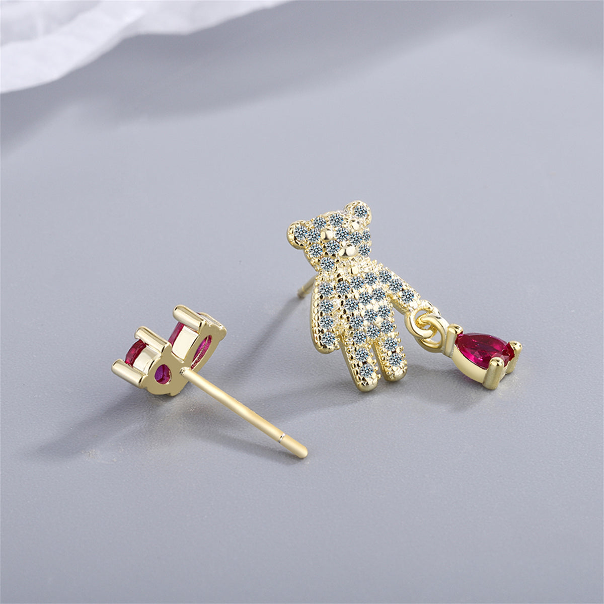 Pink Crystal and Cubic Zirconia Bear and Heart Mismatching Earrings, stud earrings for women, everyday style, detail close-up
