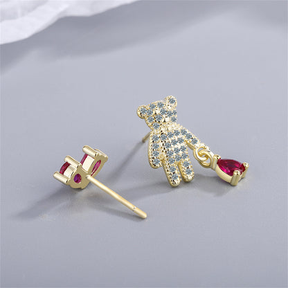 Pink Crystal and Cubic Zirconia Bear and Heart Mismatching Earrings, stud earrings for women, everyday style, detail close-up