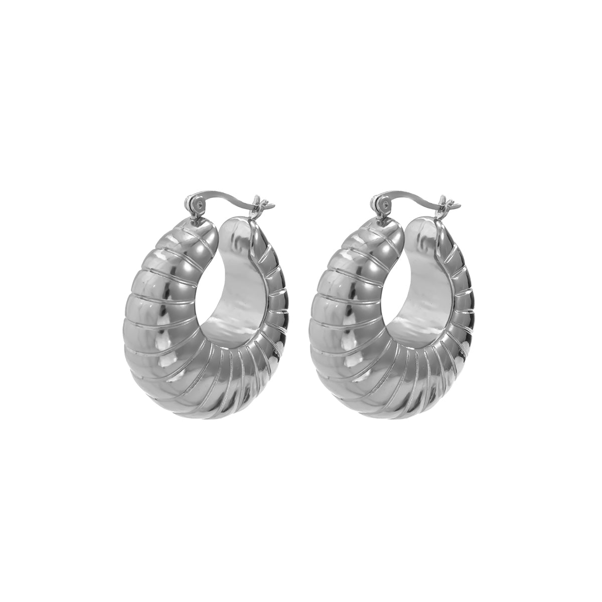 Silver-Plated Ribbed U-Shape Drop Earrings, silver stud earrings for women, everyday style, side view