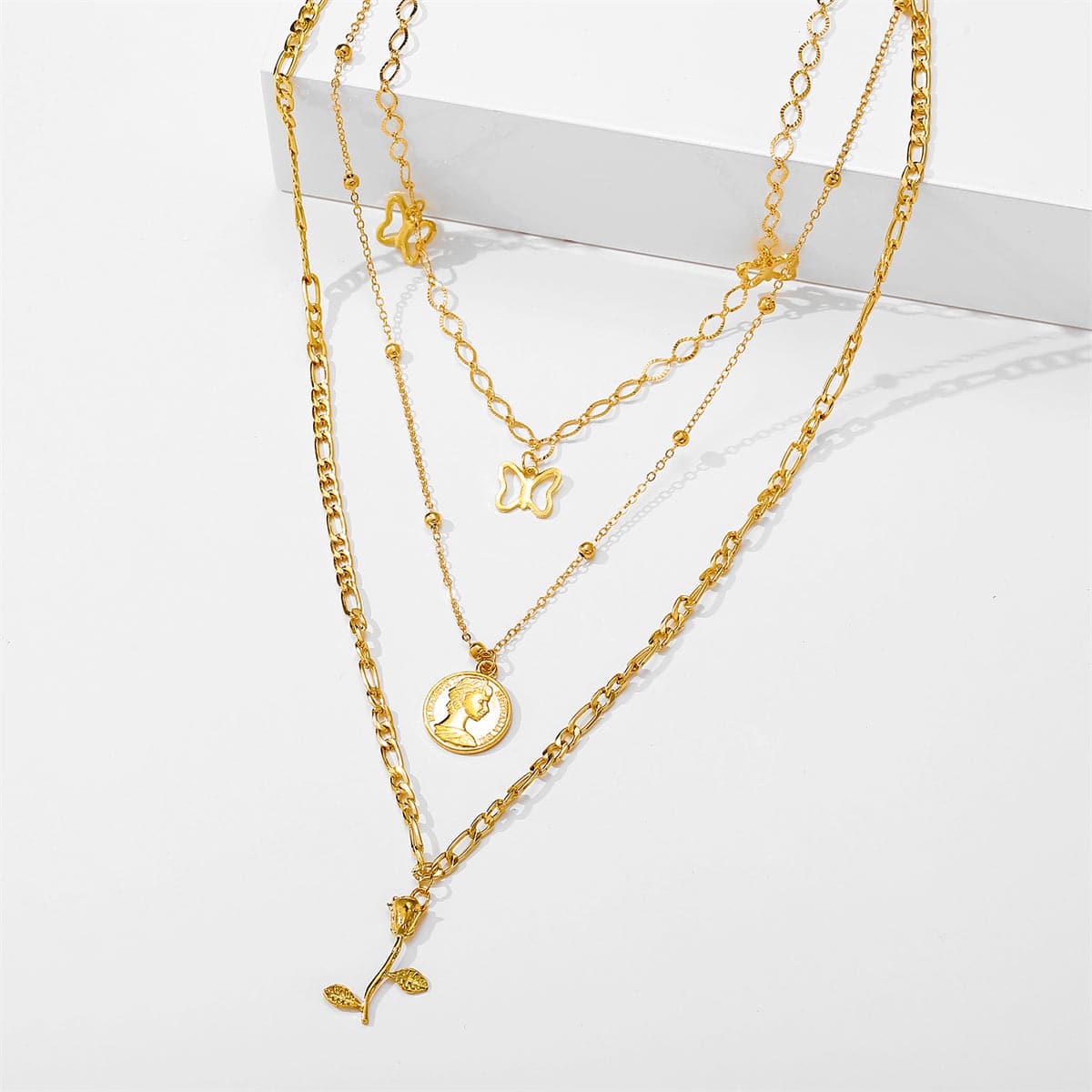 18K Gold-Plated Station Butterfly Pendant Layered Necklace, gold pendant necklace for women, detail close-up