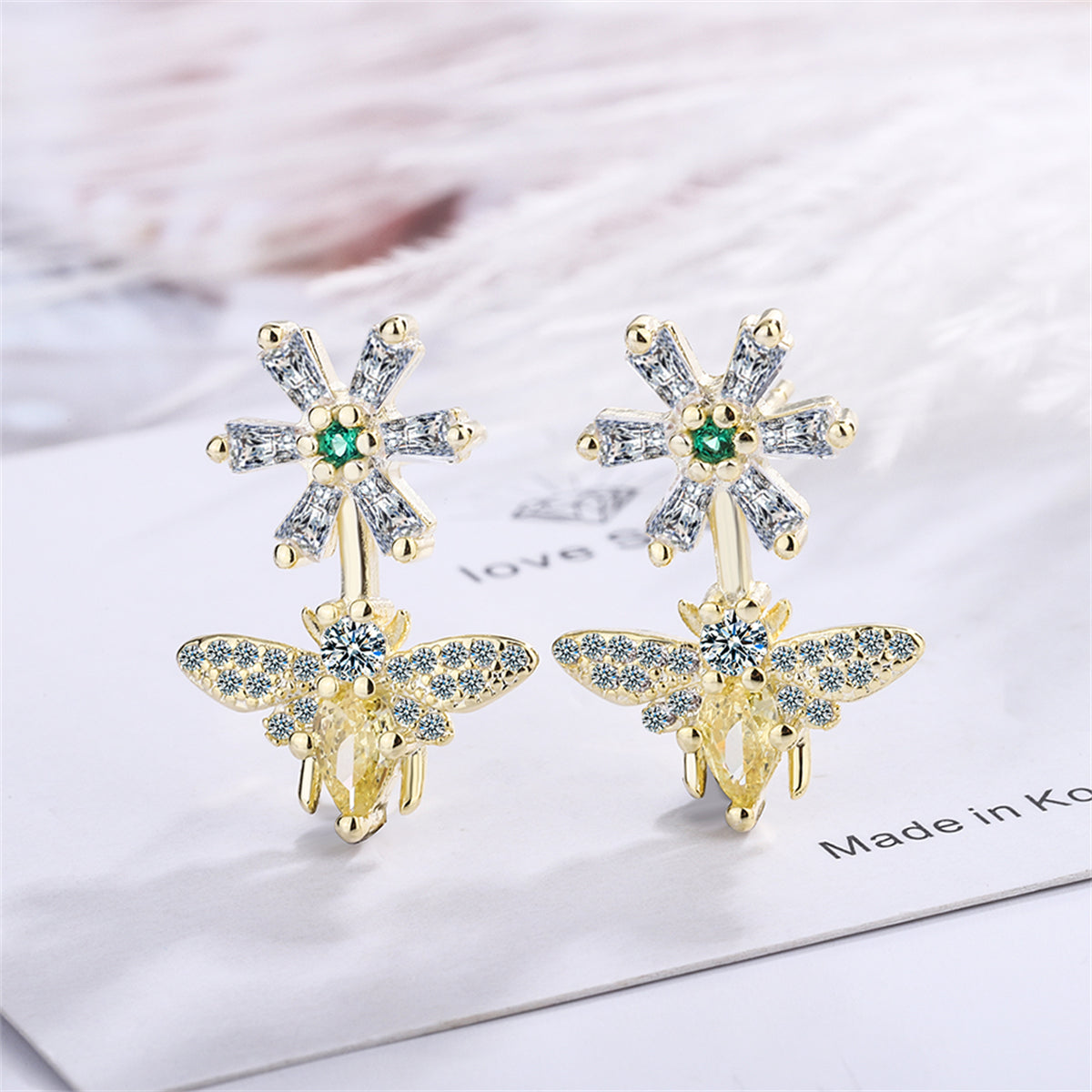 Yellow Crystal and Cubic Zirconia 18K Gold-Plated Flower Bee Drop Earrings, gold drop earrings for women, front view