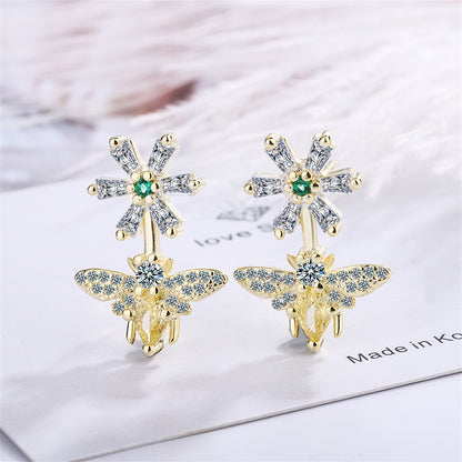 Yellow Crystal and Cubic Zirconia 18K Gold-Plated Flower Bee Drop Earrings, gold drop earrings for women, front view