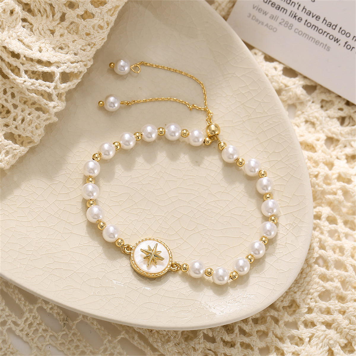 Pearl and Shell 18K Gold-Plated Star Charm Adjustable Bracelet, gold bracelet for women, elegant gift for her, lifestyle look