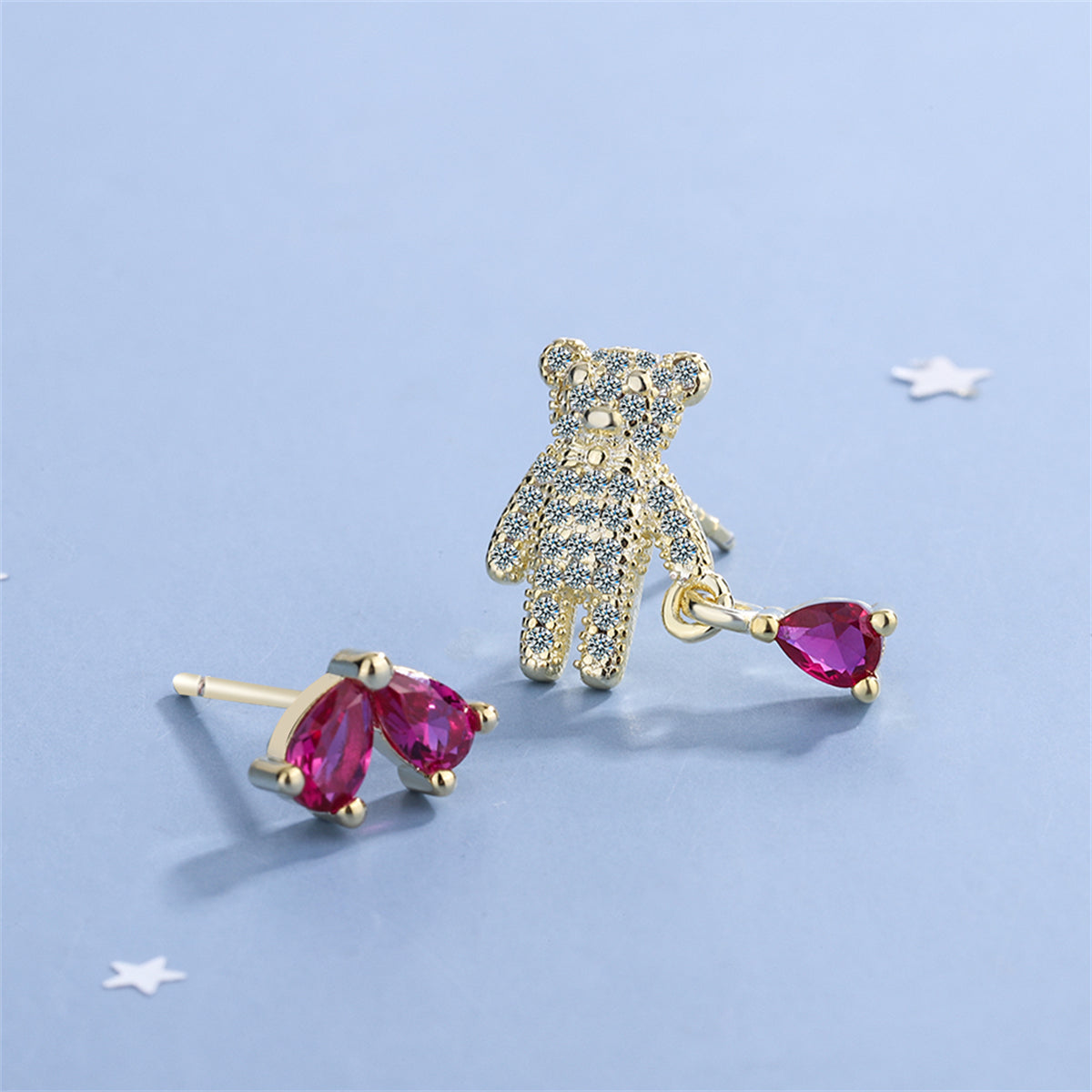 Pink Crystal and Cubic Zirconia Bear and Heart Mismatching Earrings, stud earrings for women, everyday style, lifestyle look