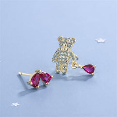 Pink Crystal & Cubic Zirconia Bear & Heart Mismatching Earrings