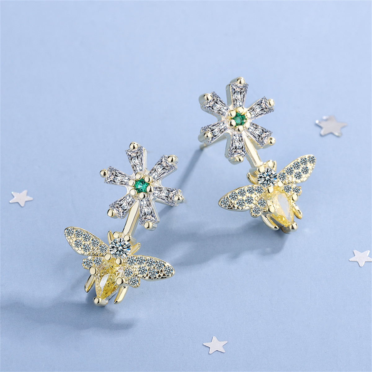 Yellow Crystal and Cubic Zirconia 18K Gold-Plated Flower Bee Drop Earrings, gold drop earrings for women, side view