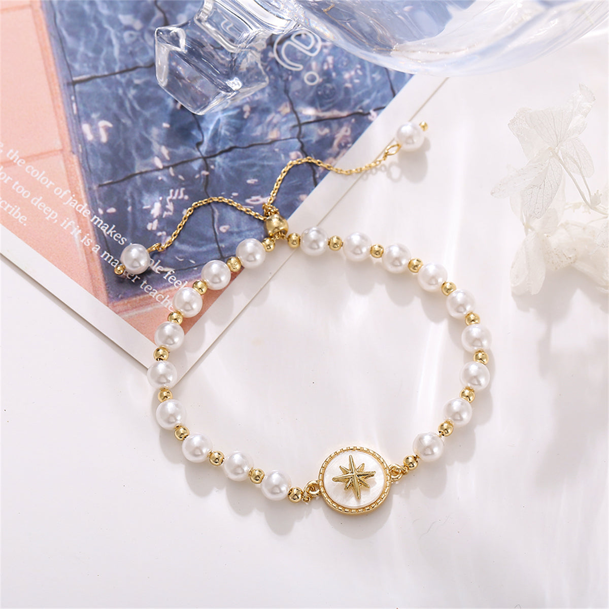 Pearl and Shell 18K Gold-Plated Star Charm Adjustable Bracelet, gold bracelet for women, elegant gift for her, styled look