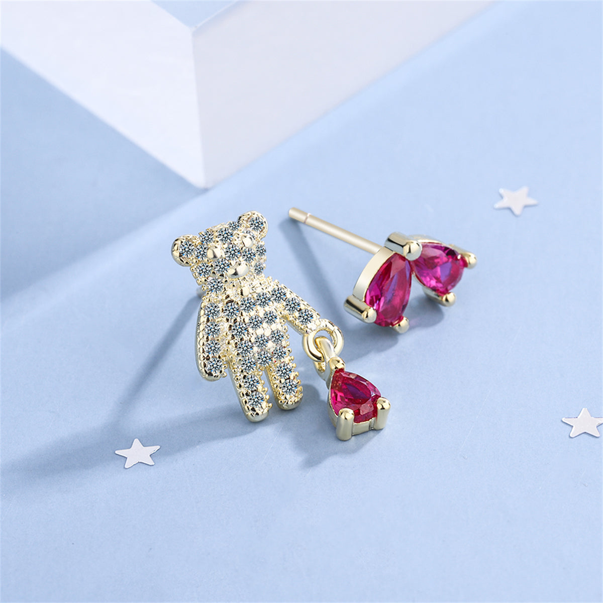 Pink Crystal and Cubic Zirconia Bear and Heart Mismatching Earrings, stud earrings for women, everyday style, front view