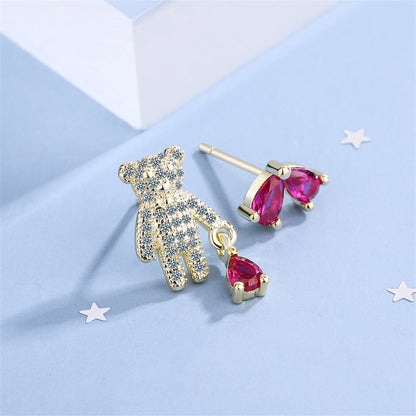 Pink Crystal and Cubic Zirconia Bear and Heart Mismatching Earrings, stud earrings for women, everyday style, front view