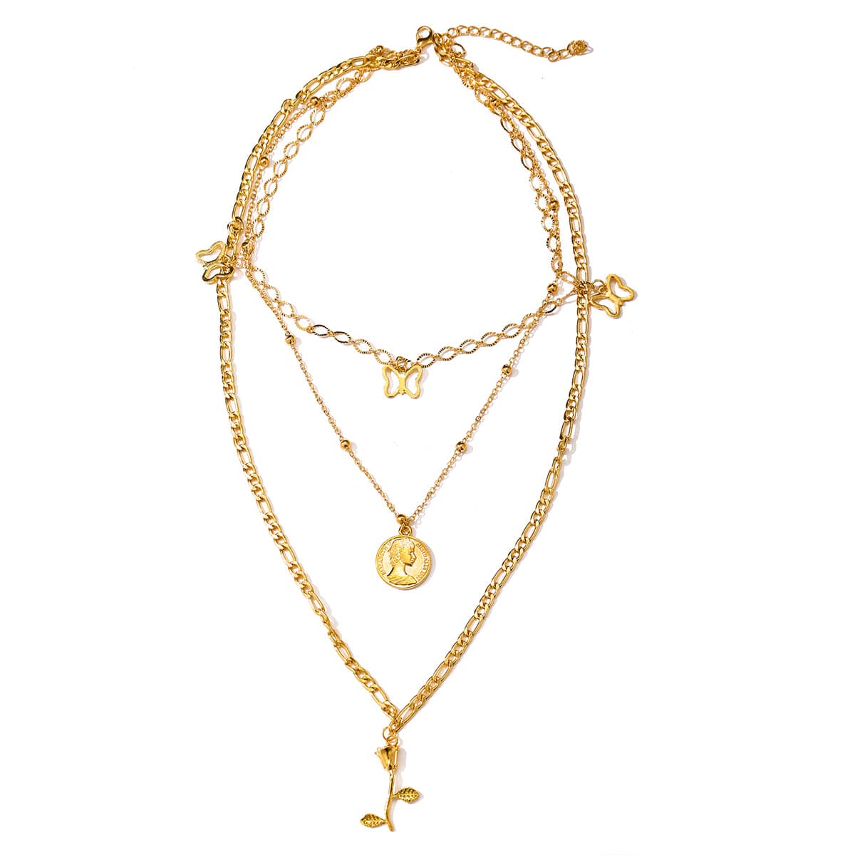 18K Gold-Plated Station Butterfly Pendant Layered Necklace, gold pendant necklace for women, side view