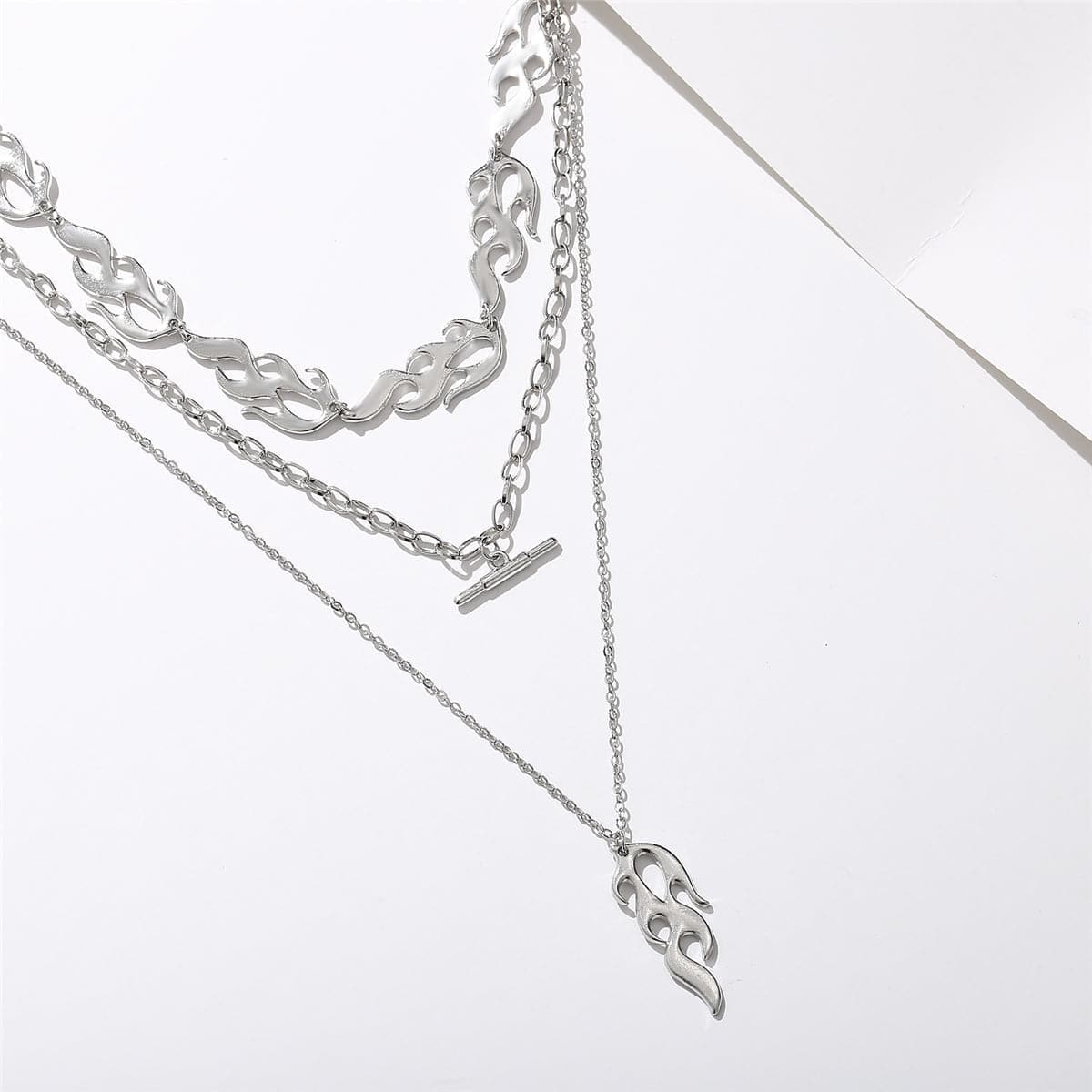 Silver-Plated Flames Layered Pendant Necklace
