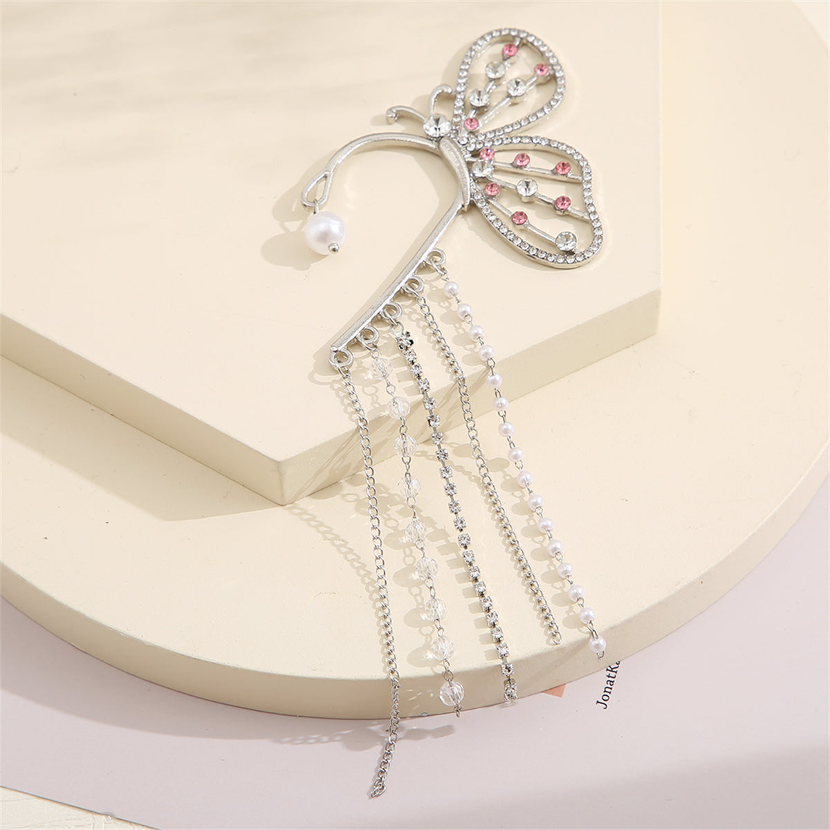 Cubic Zirconia and Pearl Silver-Plated Butterfly Tassel Ear Hanger, silver drop earrings for women, side view