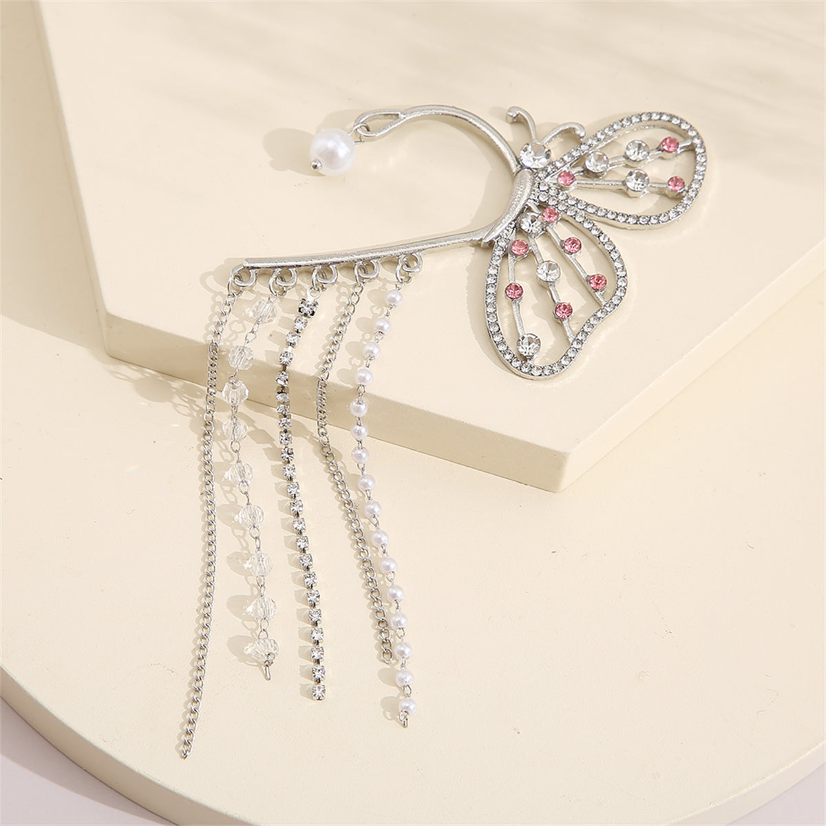 Cubic Zirconia and Pearl Silver-Plated Butterfly Tassel Ear Hanger, silver drop earrings for women, detail close-up