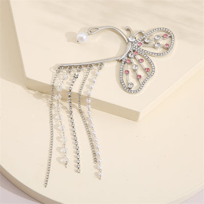 Cubic Zirconia and Pearl Silver-Plated Butterfly Tassel Ear Hanger, silver drop earrings for women, detail close-up