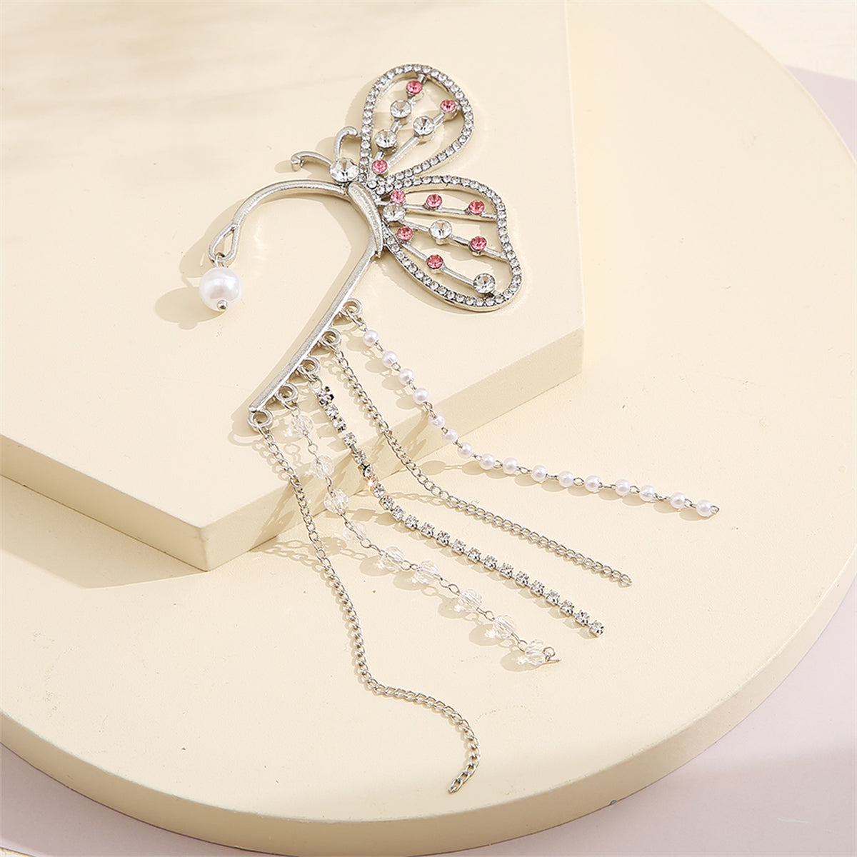 Cubic Zirconia and Pearl Silver-Plated Butterfly Tassel Ear Hanger, silver drop earrings for women, lifestyle look