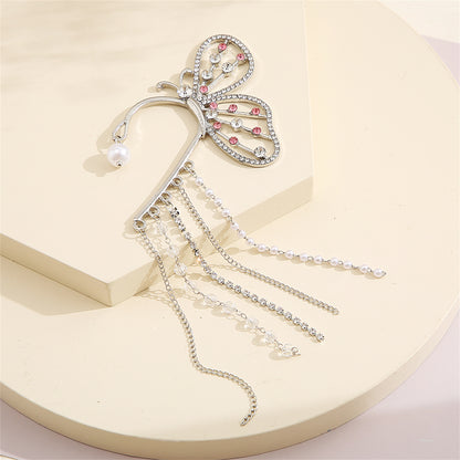 Cubic Zirconia and Pearl Silver-Plated Butterfly Tassel Ear Hanger, silver drop earrings for women, lifestyle look