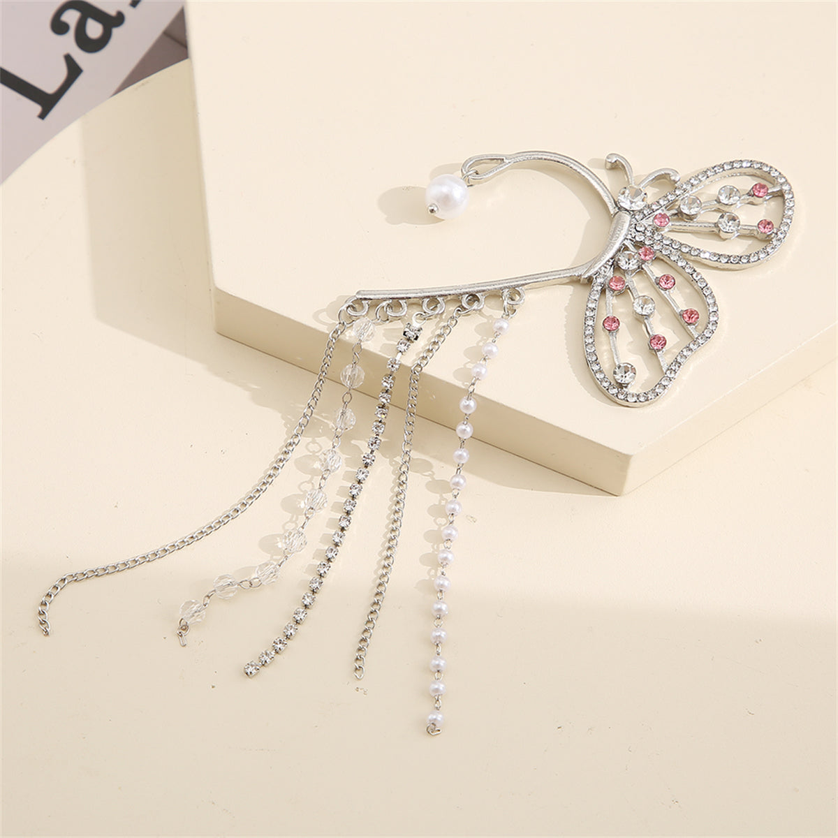 Cubic Zirconia and Pearl Silver-Plated Butterfly Tassel Ear Hanger, silver drop earrings for women, styled look