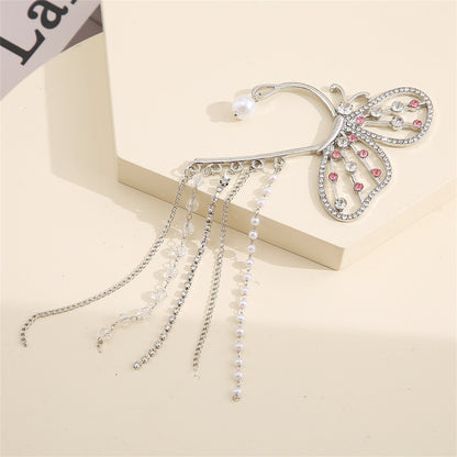 Cubic Zirconia and Pearl Silver-Plated Butterfly Tassel Ear Hanger, silver drop earrings for women, styled look