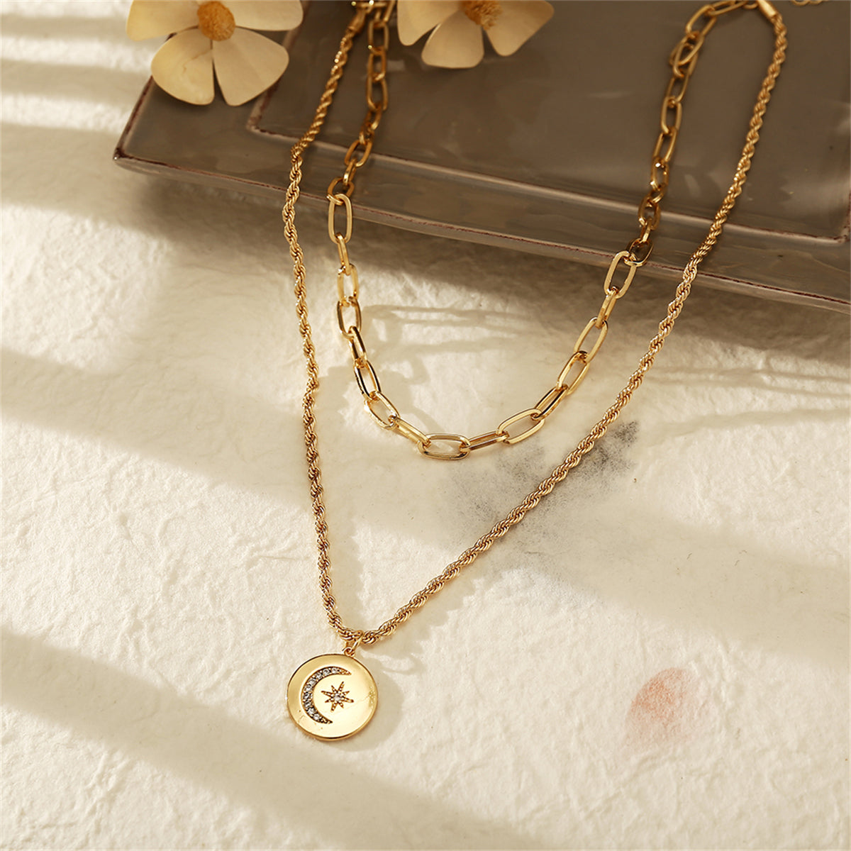 Cubic Zirconia and 18K Gold-Plated Celestial Coin Pendant Layered Necklace, gold pendant necklace for women, lifestyle look