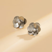 Pearl & Silver-Plated Floral Stud Earrings