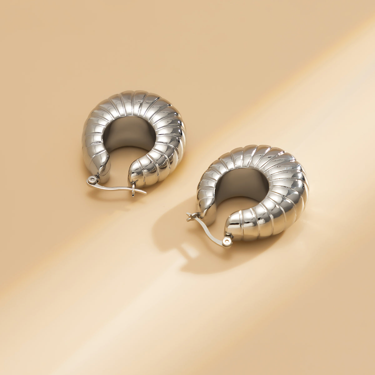 Silver-Plated Ribbed U-Shape Drop Earrings, silver stud earrings for women, everyday style, detail close-up