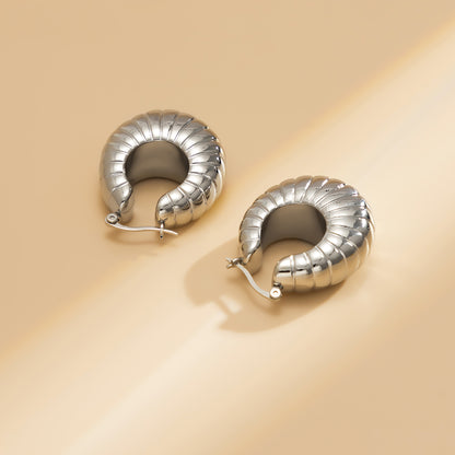 Silver-Plated Ribbed U-Shape Drop Earrings, silver stud earrings for women, everyday style, detail close-up