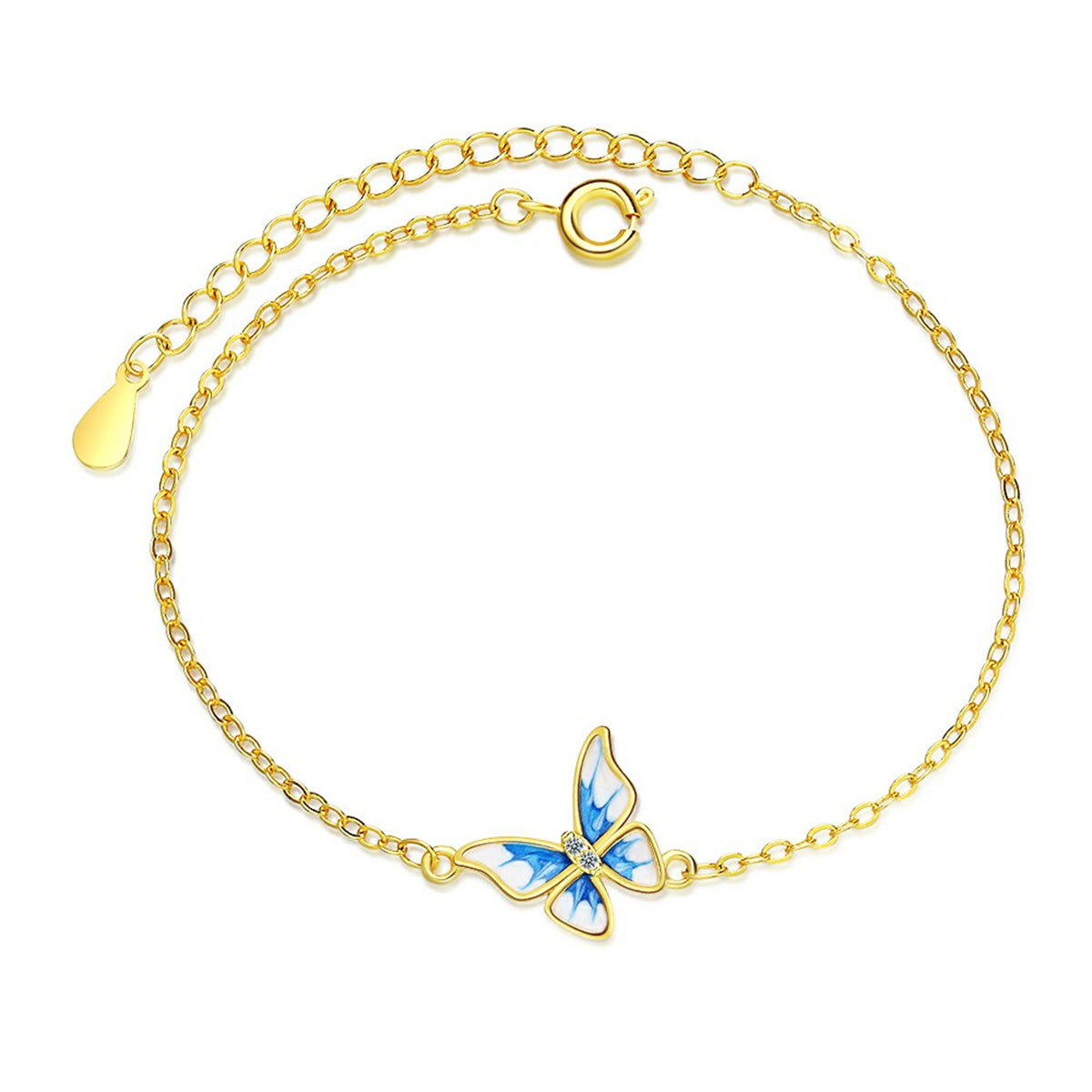 Cubic Zirconia and Enamel 18K Gold-Plated Butterfly Charm Bracelet, gold bracelet for women, side view