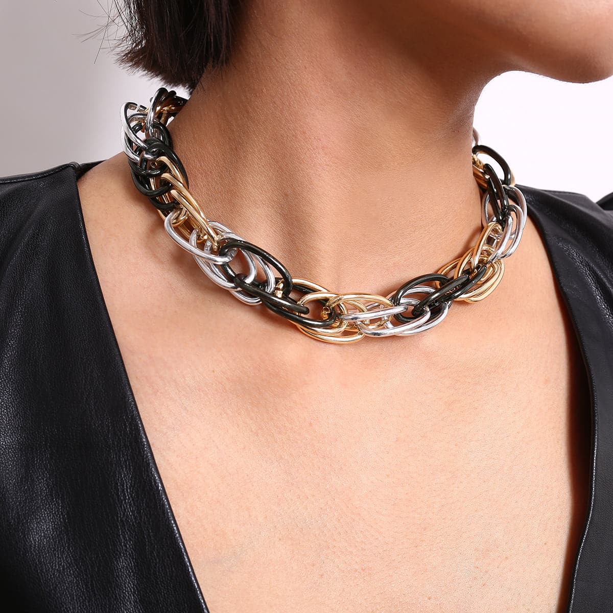Tri-Tone Three-Layer Chain Link Choker Necklace, chunky choker necklace, vintage-inspired design, side view