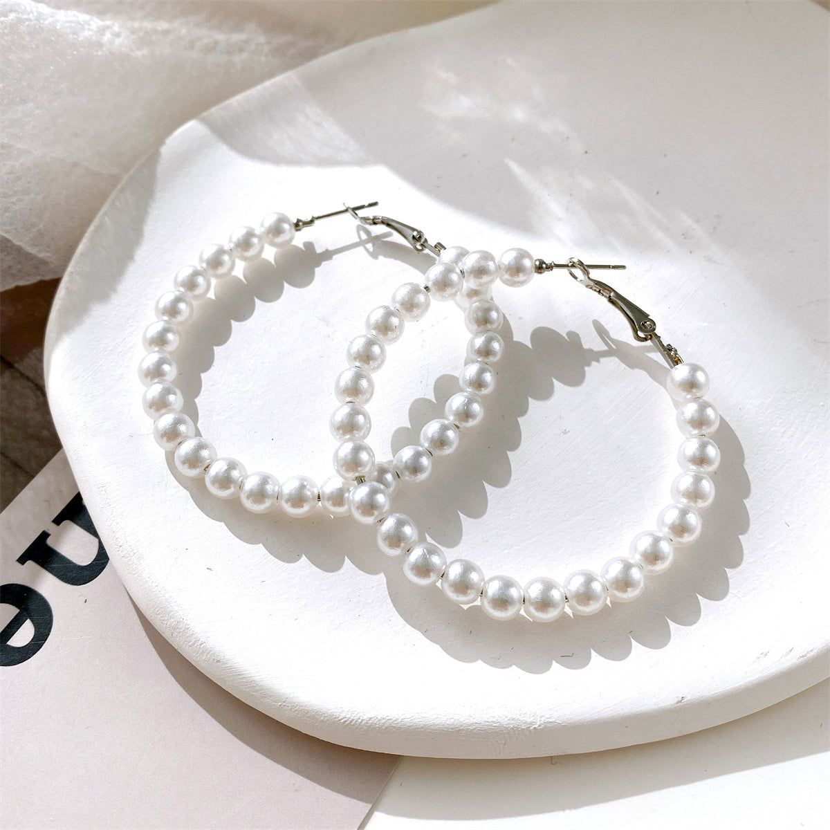 Pearl and Silver-Plated Hoop Earrings, botanical inspired, side view