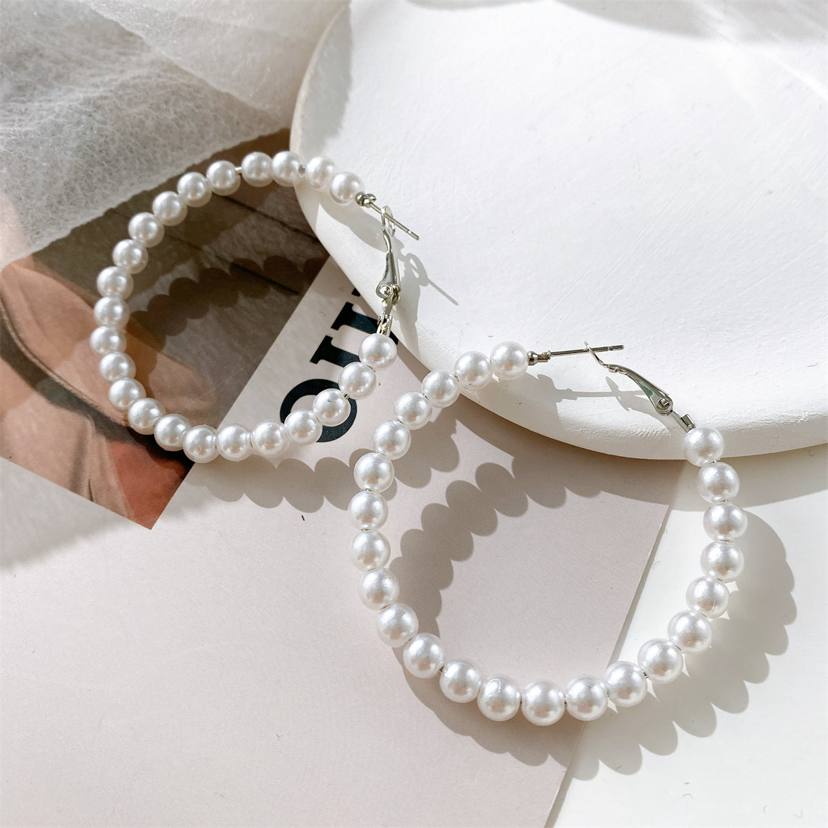 Pearl and Silver-Plated Hoop Earrings, botanical inspired, styled look