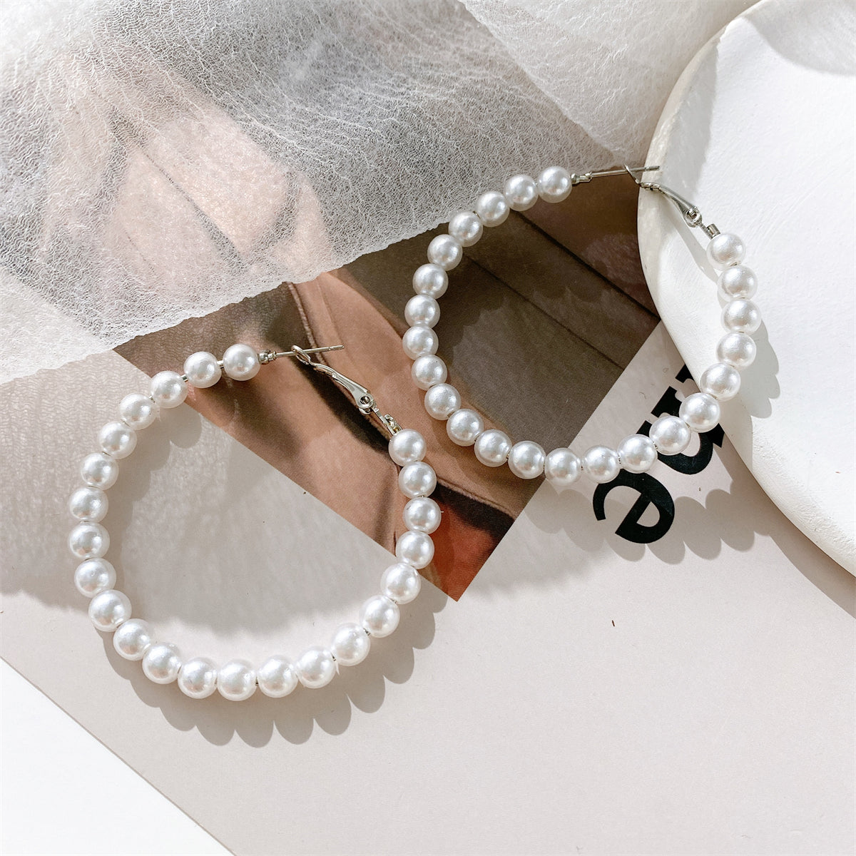Pearl and Silver-Plated Hoop Earrings, botanical inspired, detail close-up