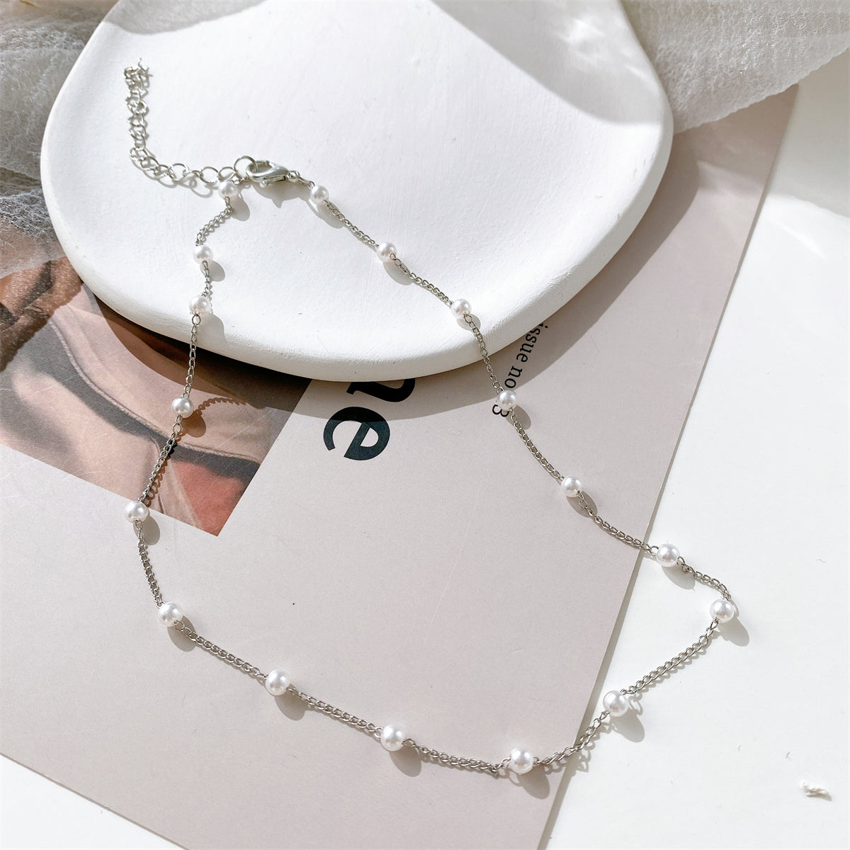 Pearl and Silver-Plated Station Chain Necklace, silver pendant necklace for women, botanical inspired, lifestyle look