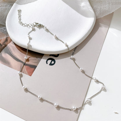 Pearl and Silver-Plated Station Chain Necklace, silver pendant necklace for women, botanical inspired, lifestyle look