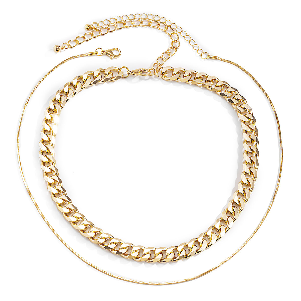 18K Gold-Plated Curb Chain Choker Necklace and Mini Herringbone Chain, jewelry gift sets for women, detail close-up