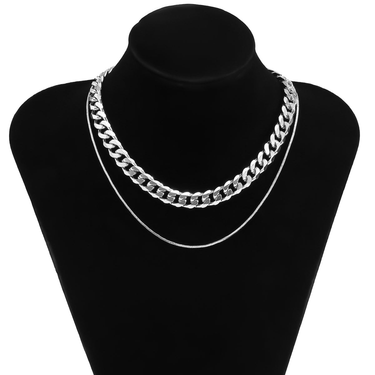 Silver-Plated Curb Chain Choker Necklace and Mini Herringbone Chain, jewelry gift sets for women, styled look