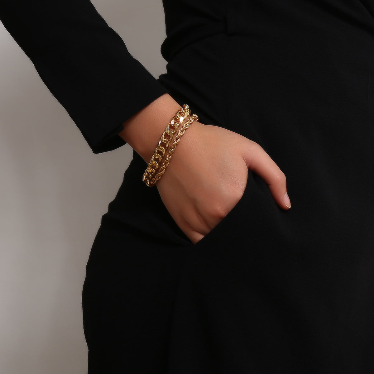 18K Gold-Plated Curb and Rope Chain Bracelet Set, jewelry gift sets for women, elegant gift for her, side view