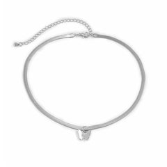 A woman displays a silver-plated choker with a butterfly charm, emphasizing its stylish and unique look.