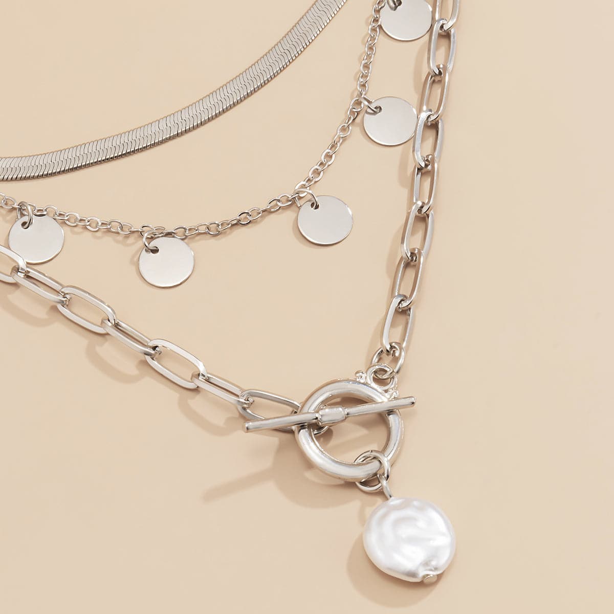 Pearl and Silver-Plated Toggle Pendant Necklace Set, jewelry gift sets for women, everyday style, detail close-up