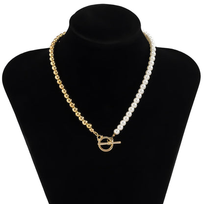 Pearl and 18K Gold-Plated Half Bead Chain Toggle Necklace, gold pendant necklace for women, everyday style, lifestyle look