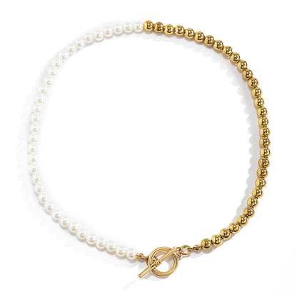 Pearl and 18K Gold-Plated Half Bead Chain Toggle Necklace, gold pendant necklace for women, everyday style, styled look