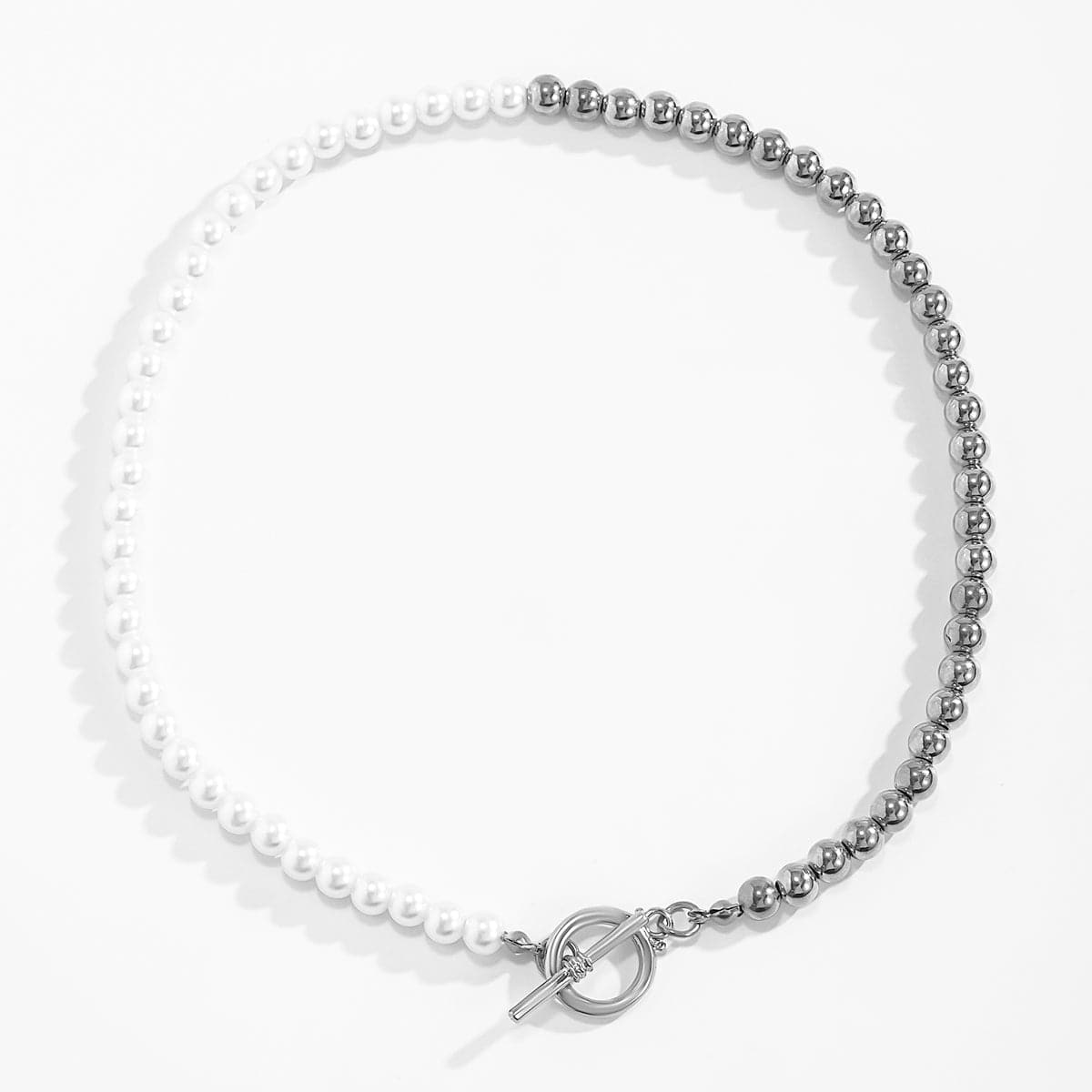 Pearl & Silver-Plated Half Bead Chain Toggle Necklace