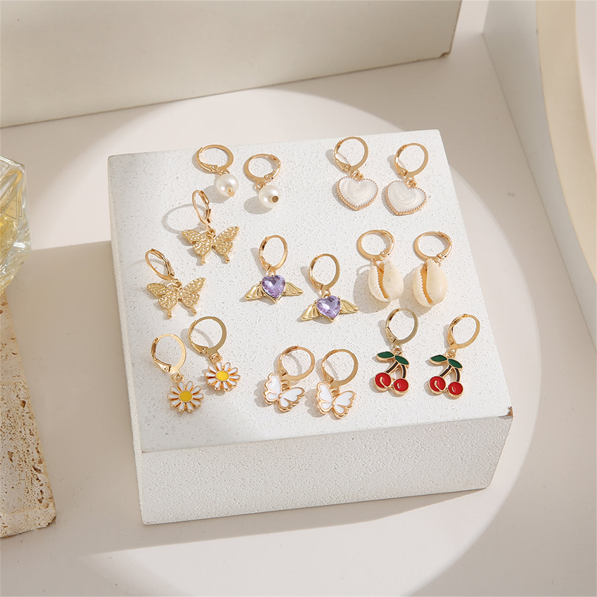 Pearl & Crystal 18K Gold-Plated Butterfly Drop Earrings Set