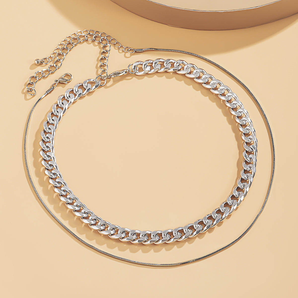 Silver-Plated Curb Chain Choker Necklace & Mini Herringbone Chain